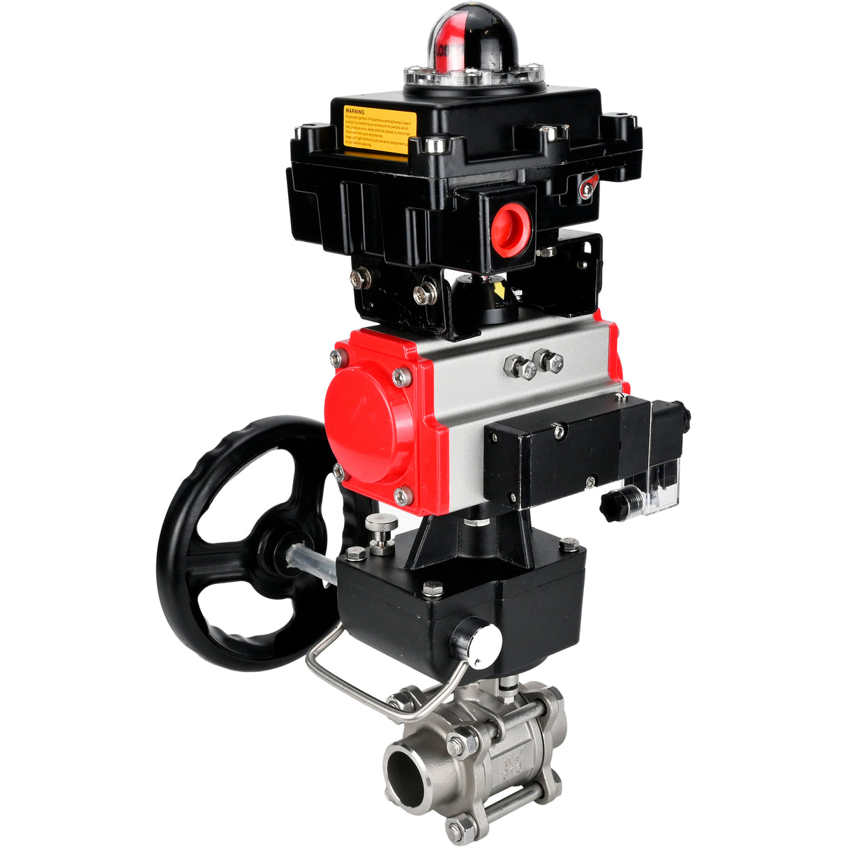 Ball valves Elephant BV3232P(3pc)-FP-W-ISO-H WDVF DN15-32 63 bar full bore, 316 stainless steel, seal - PTFE, for welding, with PA-DA pneumatic actuator, pneumatic distributor 4M310-08 24V, LSU APL-410N EX, manual backup for MON