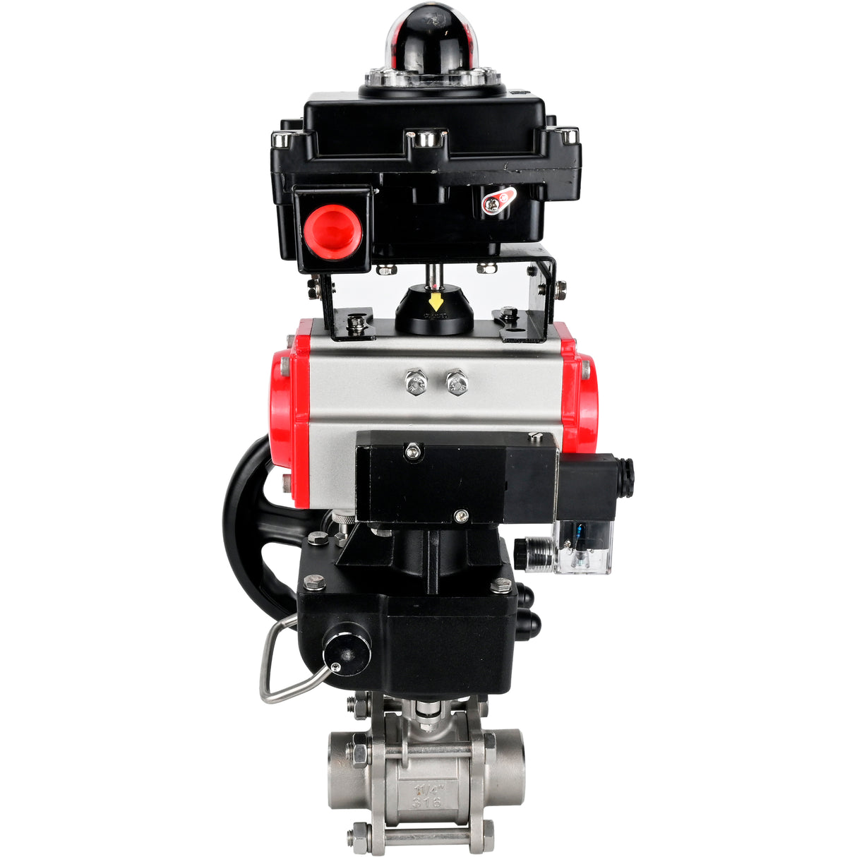 Ball valves Elephant BV3232P(3pc)-FP-W-ISO-H WDVF DN15-32 63 bar full bore, 316 stainless steel, seal - PTFE, for welding, with PA-DA pneumatic actuator, pneumatic distributor 4M310-08 24V, LSU APL-410N EX, manual backup for MON