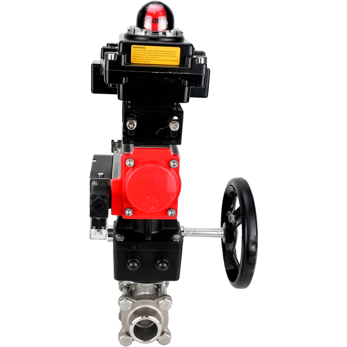 Ball valves Elephant BV3232P(3pc)-FP-W-ISO-H WDVF DN15-32 63 bar full bore, 316 stainless steel, seal - PTFE, for welding, with PA-DA pneumatic actuator, pneumatic distributor 4M310-08 24V, LSU APL-410N EX, manual backup for MON