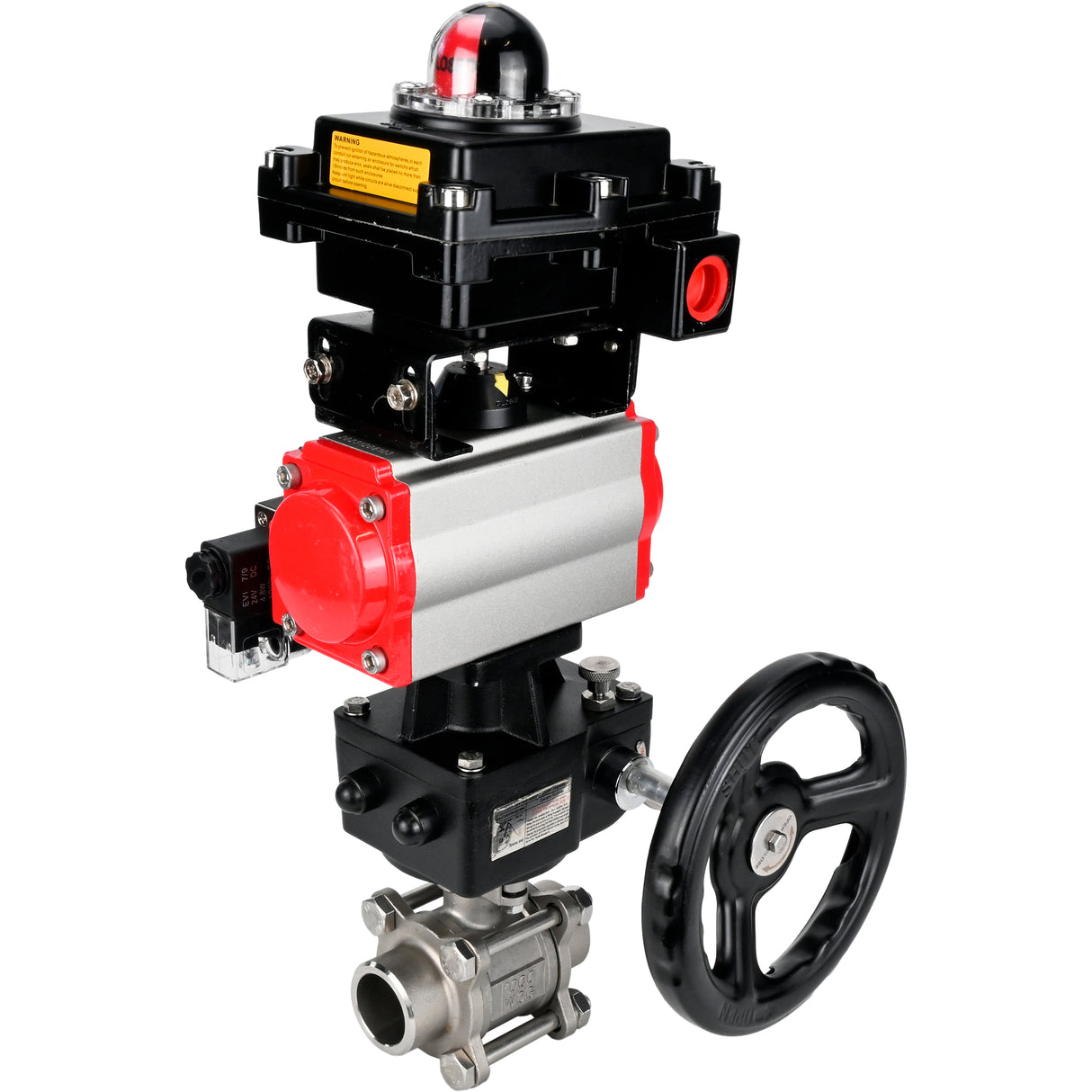 Ball valves Elephant BV3232P(3pc)-FP-W-ISO-H WDVF DN15-32 63 bar full bore, 316 stainless steel, seal - PTFE, for welding, with PA-DA pneumatic actuator, pneumatic distributor 4M310-08 24V, LSU APL-410N EX, manual backup for MON