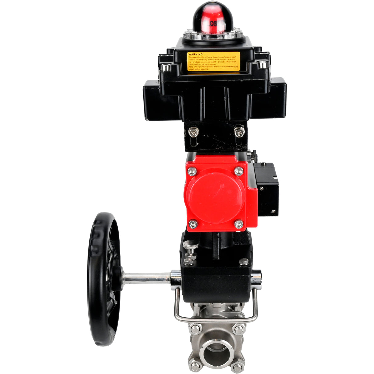 Ball valves Elephant BV3232P(3pc)-FP-W-ISO-H WDVF DN15-32 63 bar full bore, 316 stainless steel, seal - PTFE, for welding, with PA-DA pneumatic actuator, pneumatic distributor 4M310-08 24V, LSU APL-410N EX, manual backup for MON