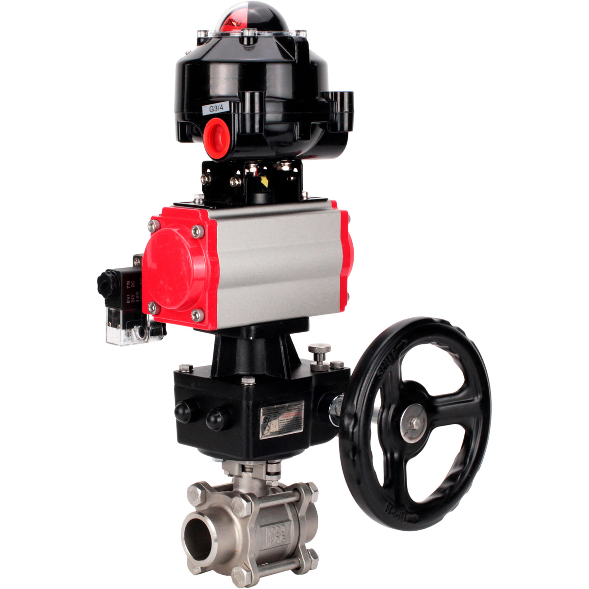 Ball valves Elephant BV3232P(3pc)-FP-W-ISO-H WDVF DN15-32 63 bar full bore, 316 stainless steel, seal - PTFE, for welding, with PA-DA pneumatic actuator, pneumatic distributor 4M310-08 24V, LSU APL-510N EX, manual backup for MON