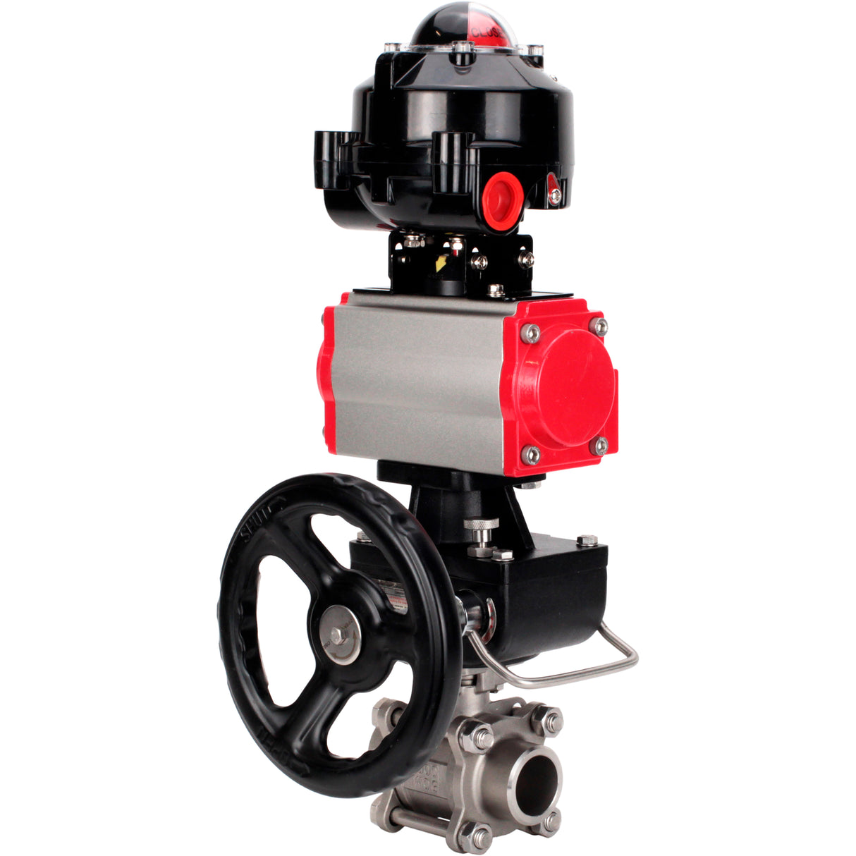 Ball valves Elephant BV3232P(3pc)-FP-W-ISO-H WDVF DN15-32 63 bar full bore, 316 stainless steel, seal - PTFE, for welding, with PA-DA pneumatic actuator, pneumatic distributor 4M310-08 24V, LSU APL-510N EX, manual backup for MON