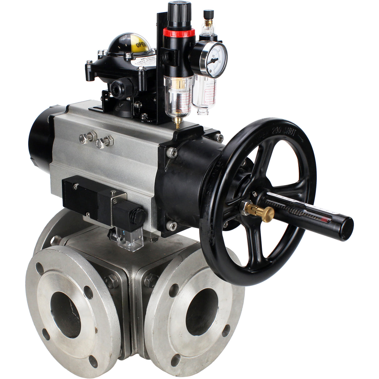 Ball valves Elephant BV3232P(4pc)-FP-3WL-F-ISO-H DN100 16 bar full bore, flanged, body - stainless steel SS316, ISO flange F10/F12, square 19x19, with pneumatic actuator PA-DA-105-1, pneumatic distributor 4M310-08 220V, LSU APL-210N and ATU AFC2000