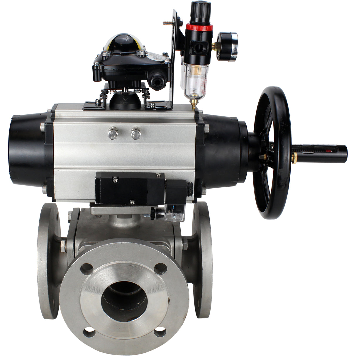 Ball valves Elephant BV3232P(4pc)-FP-3WL-F-ISO-H DN100 16 bar full bore, flanged, body - stainless steel SS316, ISO flange F10/F12, square 19x19, with pneumatic actuator PA-DA-105-1, pneumatic distributor 4M310-08 220V, LSU APL-210N and ATU AFC2000