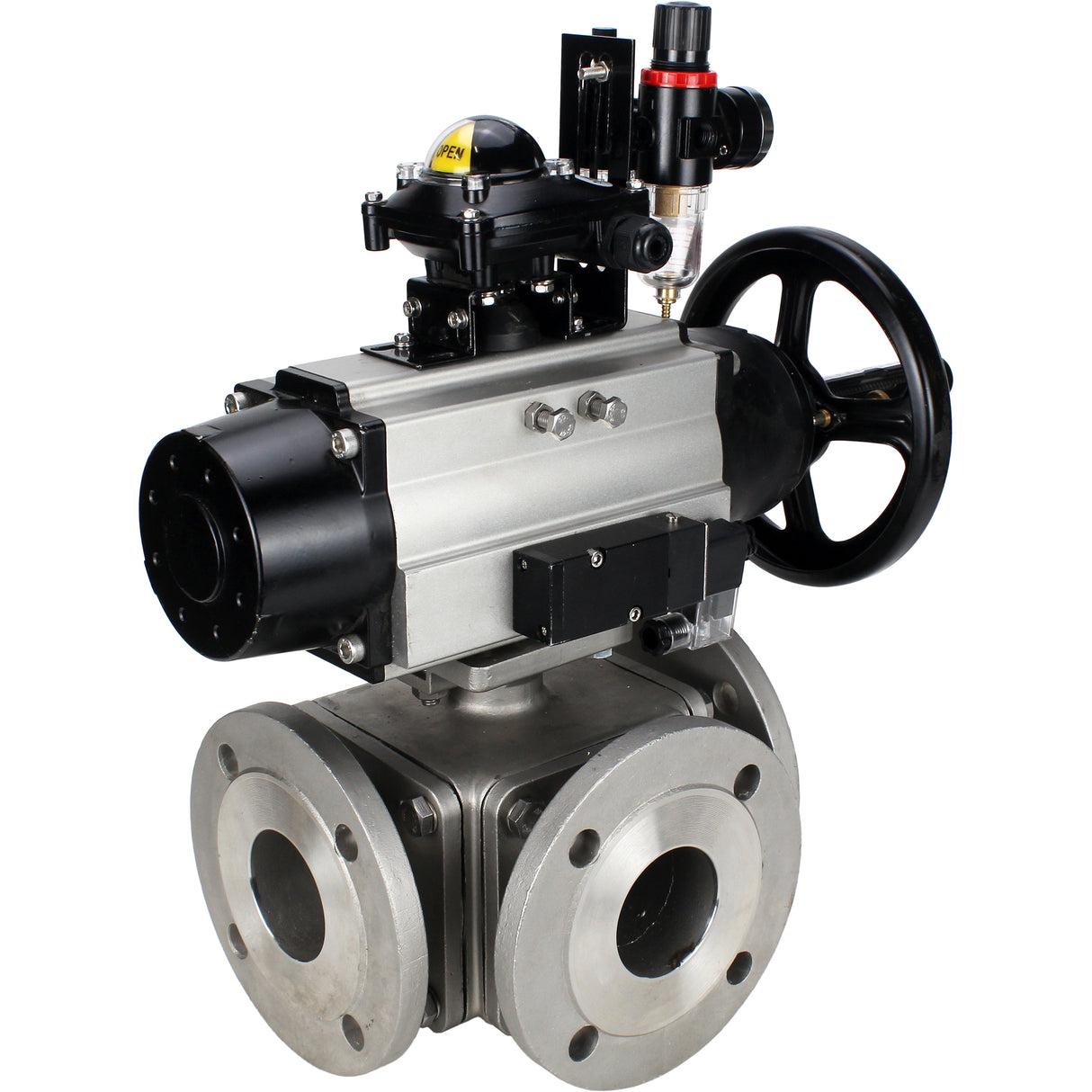 Ball valves Elephant BV3232P(4pc)-FP-3WL-F-ISO-H DN100 16 bar full bore, flanged, body - stainless steel SS316, ISO flange F10/F12, square 19x19, with pneumatic actuator PA-DA-105-1, pneumatic distributor 4M310-08 220V, LSU APL-210N and ATU AFC2000