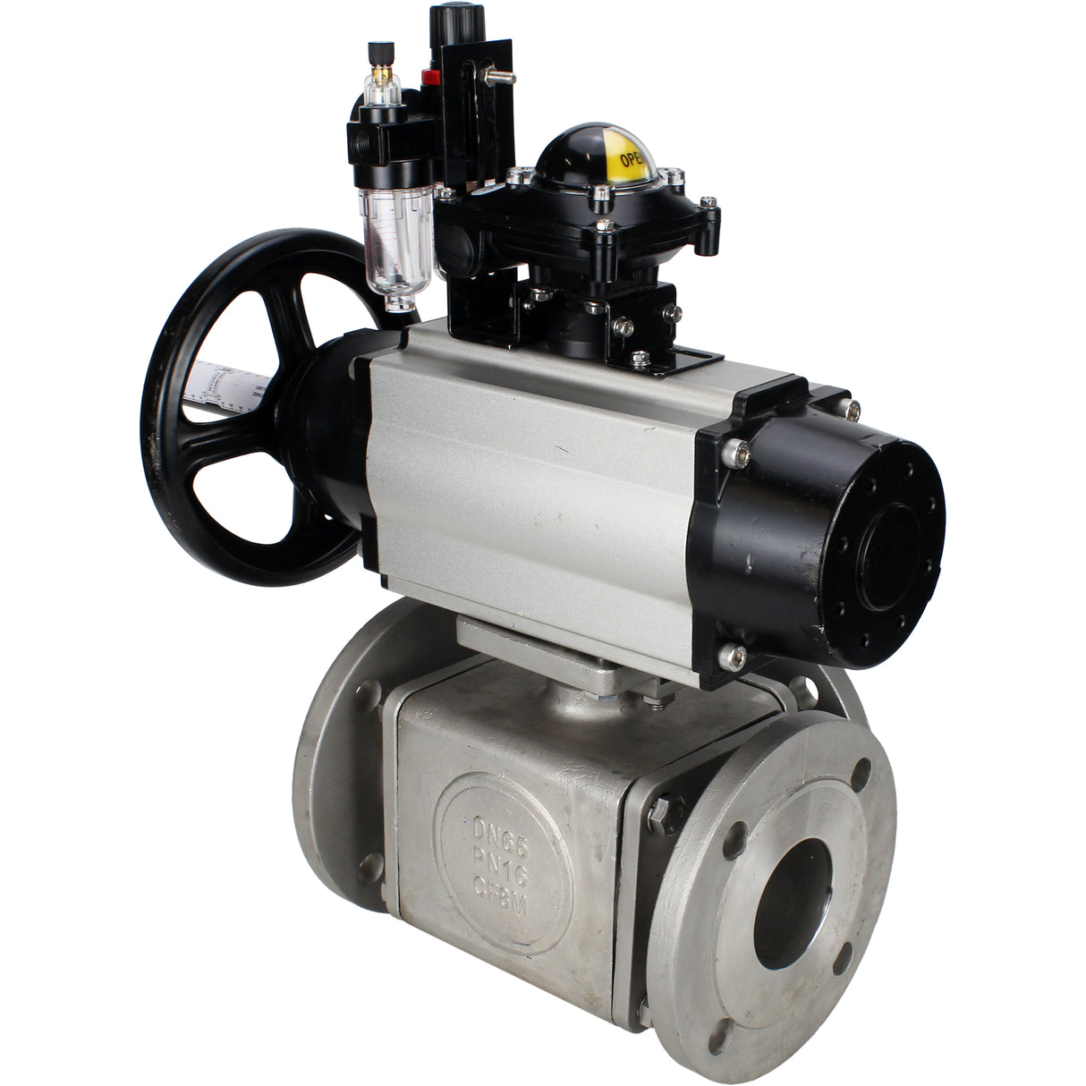 Ball valves Elephant BV3232P(4pc)-FP-3WL-F-ISO-H DN100 16 bar full bore, flanged, body - stainless steel SS316, ISO flange F10/F12, square 19x19, with pneumatic actuator PA-DA-105-1, pneumatic distributor 4M310-08 220V, LSU APL-210N and ATU AFC2000