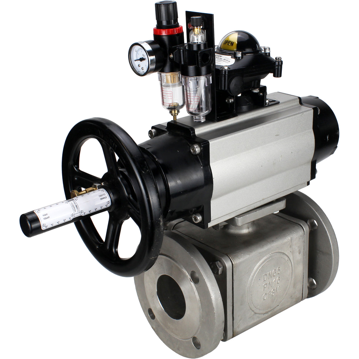 Ball valves Elephant BV3232P(4pc)-FP-3WL-F-ISO-H DN100 16 bar full bore, flanged, body - stainless steel SS316, ISO flange F10/F12, square 19x19, with pneumatic actuator PA-DA-105-1, pneumatic distributor 4M310-08 220V, LSU APL-210N and ATU AFC2000