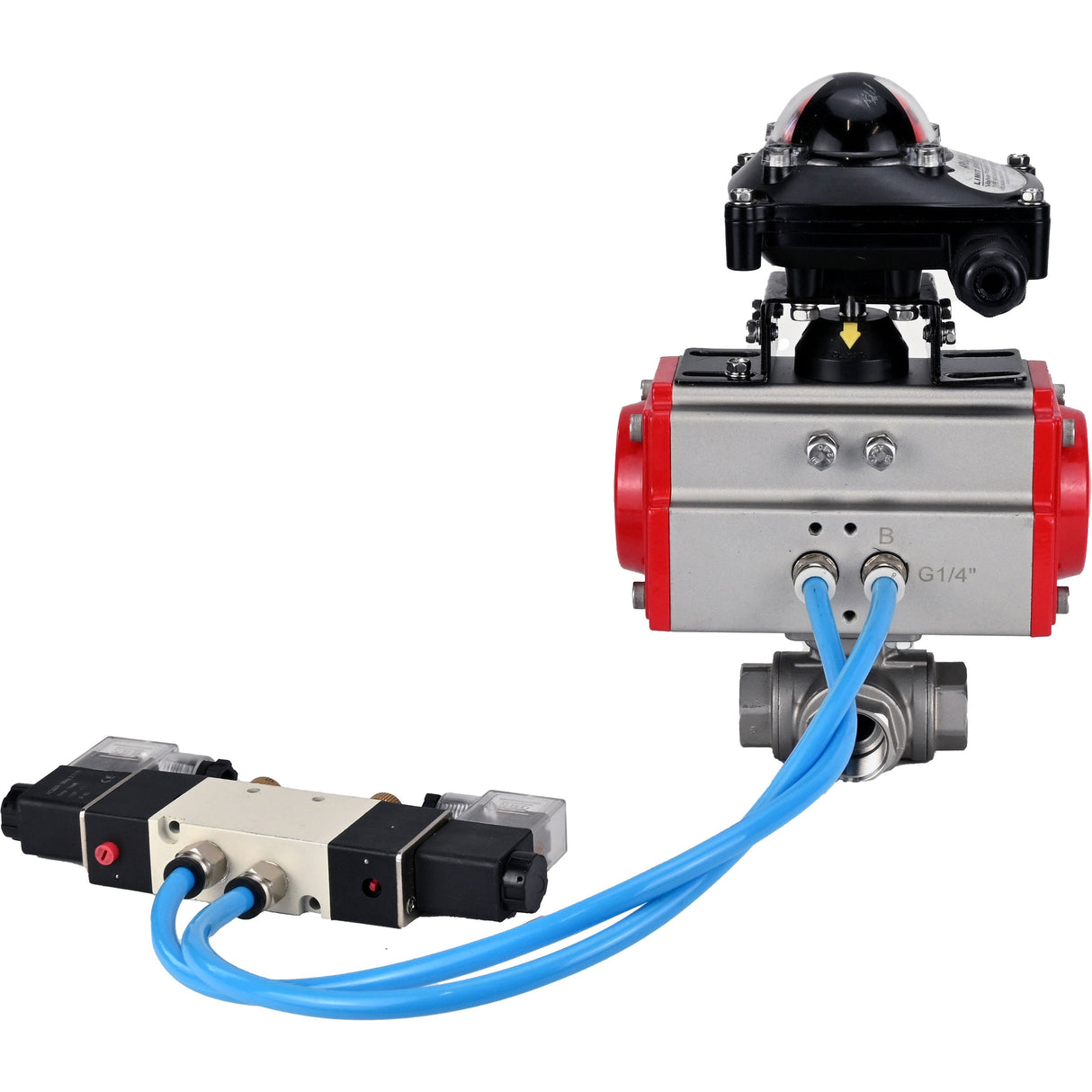 Ball valves Elephant BV3232P(4pc)-SP-3WL-T-ISO-H,  body material - Stainless steel AISI 316, seal - PTFE / PTFE / Teflon, with pneumatic actuator double action PA-DA, 4V320-10 220V, LSU APL-210N