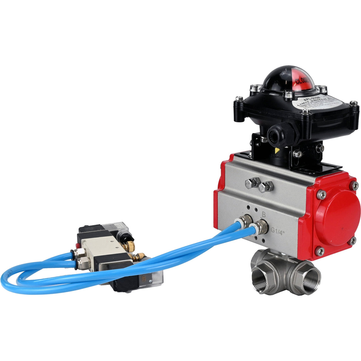 Ball valves Elephant BV3232P(4pc)-SP-3WL-T-ISO-H,  body material - Stainless steel AISI 316, seal - PTFE / PTFE / Teflon, with pneumatic actuator double action PA-DA, 4V320-10 220V, LSU APL-210N