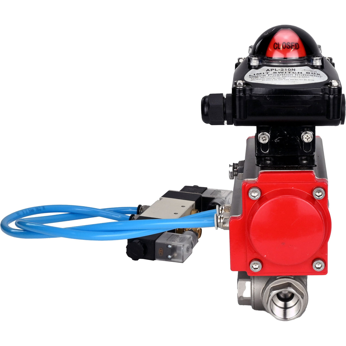 Ball valves Elephant BV3232P(4pc)-SP-3WL-T-ISO-H,  body material - Stainless steel AISI 316, seal - PTFE / PTFE / Teflon, with pneumatic actuator double action PA-DA, 4V320-10 220V, LSU APL-210N