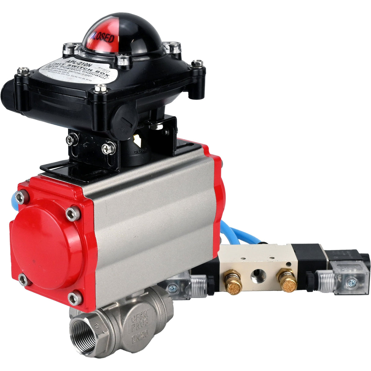 Ball valves Elephant BV3232P(4pc)-SP-3WL-T-ISO-H,  body material - Stainless steel AISI 316, seal - PTFE / PTFE / Teflon, with pneumatic actuator double action PA-DA, 4V320-10 220V, LSU APL-210N