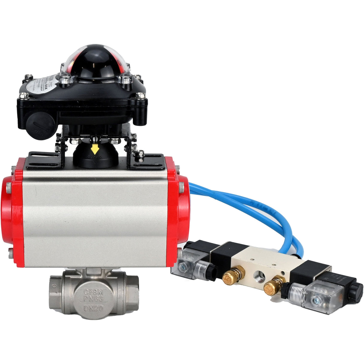 Ball valves Elephant BV3232P(4pc)-SP-3WL-T-ISO-H,  body material - Stainless steel AISI 316, seal - PTFE / PTFE / Teflon, with pneumatic actuator double action PA-DA, 4V320-10 220V, LSU APL-210N