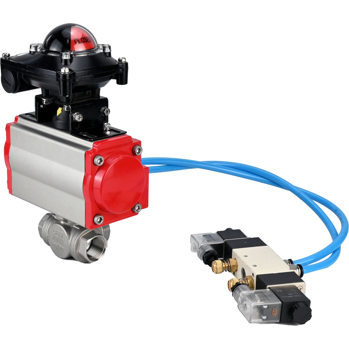Ball valves Elephant BV3232P(4pc)-SP-3WL-T-ISO-H,  body material - Stainless steel AISI 316, seal - PTFE / PTFE / Teflon, with pneumatic actuator double action PA-DA, 4V320-10 220V, LSU APL-210N