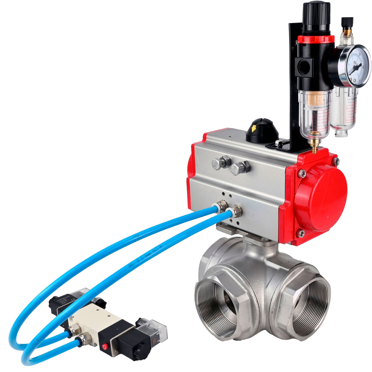 Ball valves Elephant BV3232P(4pc)-SP-3WL-T-ISO-H,  body material - Stainless steel AISI 316, seal - PTFE / PTFE / Teflon, with pneumatic actuator double action PA-DA, 4V320-10 220VATU AFC2000