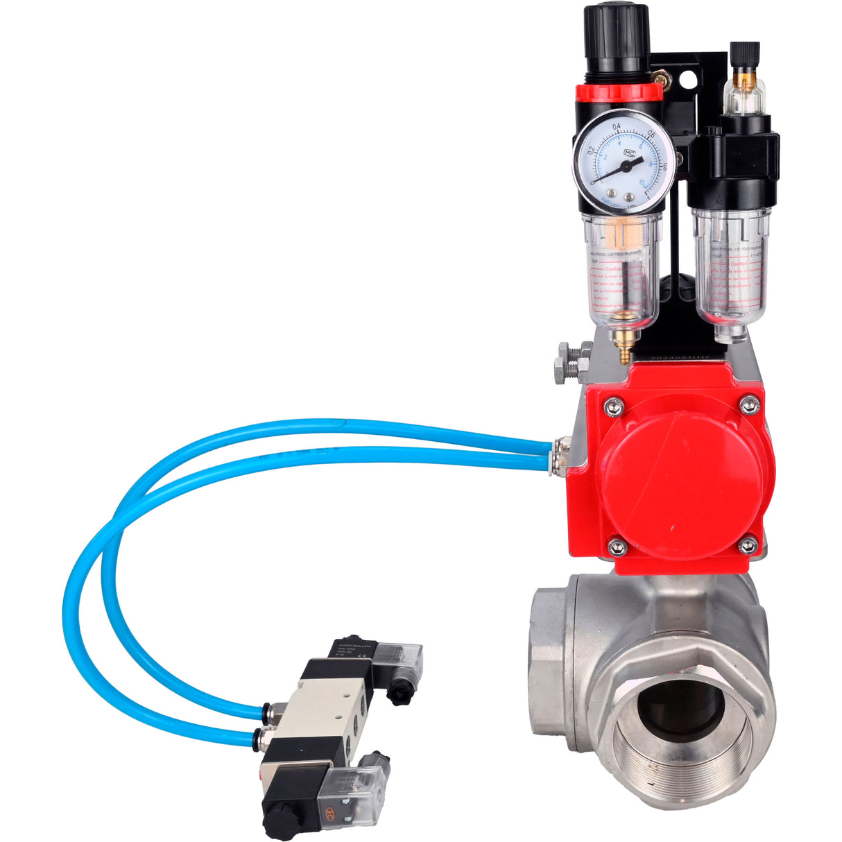 Ball valves Elephant BV3232P(4pc)-SP-3WL-T-ISO-H,  body material - Stainless steel AISI 316, seal - PTFE / PTFE / Teflon, with pneumatic actuator double action PA-DA, 4V320-10 220VATU AFC2000
