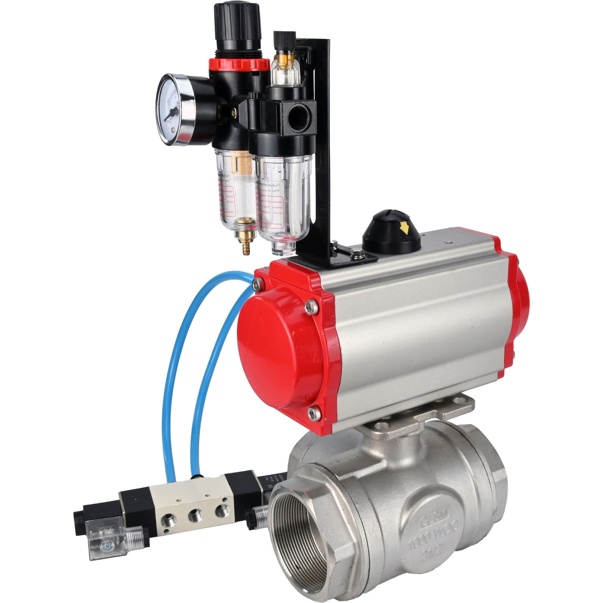 Ball valves Elephant BV3232P(4pc)-SP-3WL-T-ISO-H,  body material - Stainless steel AISI 316, seal - PTFE / PTFE / Teflon, with pneumatic actuator double action PA-DA, 4V320-10 220VATU AFC2000