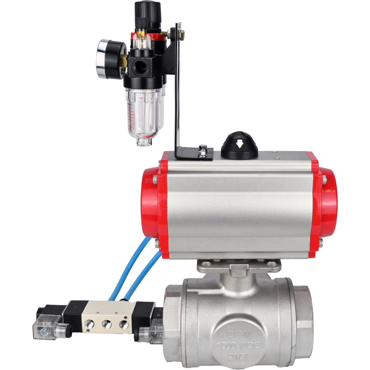 Ball valves Elephant BV3232P(4pc)-SP-3WL-T-ISO-H,  body material - Stainless steel AISI 316, seal - PTFE / PTFE / Teflon, with pneumatic actuator double action PA-DA, 4V320-10 220VATU AFC2000