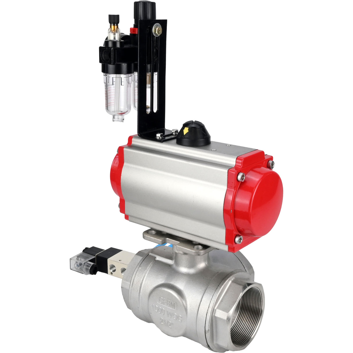 Ball valves Elephant BV3232P(4pc)-SP-3WL-T-ISO-H,  body material - Stainless steel AISI 316, seal - PTFE / PTFE / Teflon, with pneumatic actuator double action PA-DA, 4V320-10 220VATU AFC2000