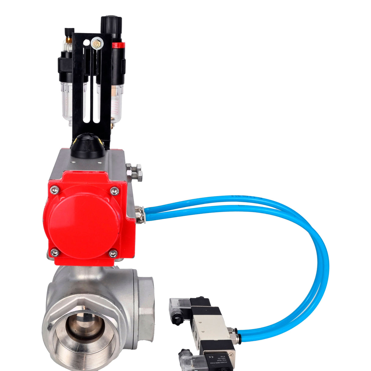 Ball valves Elephant BV3232P(4pc)-SP-3WL-T-ISO-H,  body material - Stainless steel AISI 316, seal - PTFE / PTFE / Teflon, with pneumatic actuator double action PA-DA, 4V320-10 220VATU AFC2000