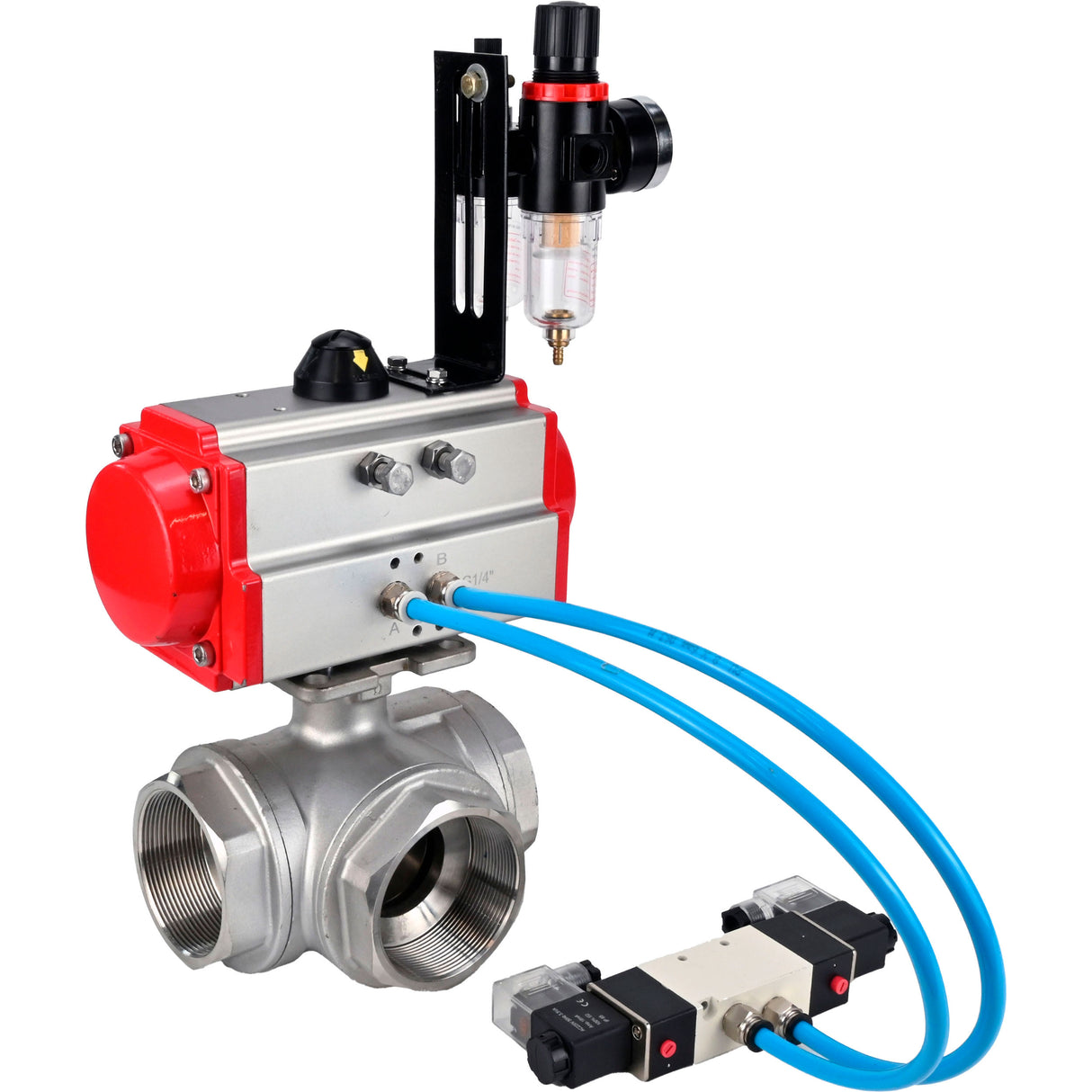 Ball valves Elephant BV3232P(4pc)-SP-3WL-T-ISO-H,  body material - Stainless steel AISI 316, seal - PTFE / PTFE / Teflon, with pneumatic actuator double action PA-DA, 4V320-10 220VATU AFC2000