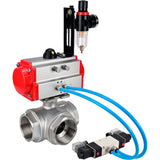 Ball valves Elephant BV3232P(4pc)-SP-3WL-T-ISO-H,  body material - Stainless steel AISI 316, seal - PTFE / PTFE / Teflon, with pneumatic actuator double action PA-DA, 4V320-10 220VATU AFC2000