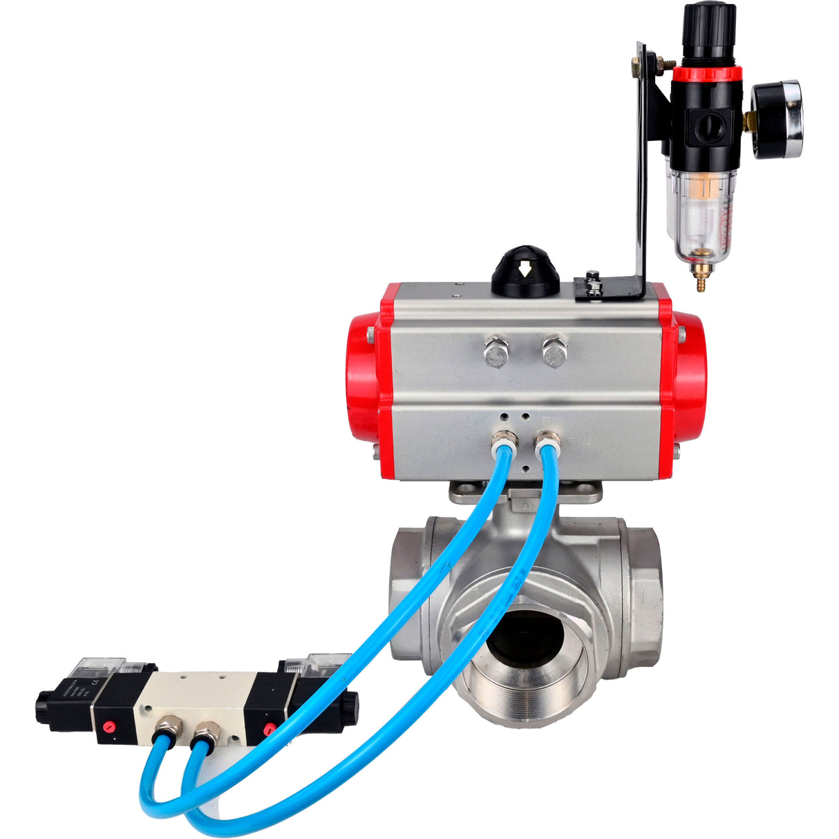 Ball valves Elephant BV3232P(4pc)-SP-3WL-T-ISO-H,  body material - Stainless steel AISI 316, seal - PTFE / PTFE / Teflon, with pneumatic actuator double action PA-DA, 4V320-10 220VATU AFC2000