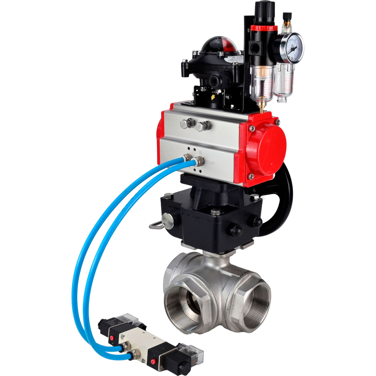 Ball valves Elephant BV3232P(4pc)-SP-3WL-T-ISO-H,  body material - Stainless steel AISI 316, seal - PTFE / PTFE / Teflon, with pneumatic actuator double action PA-DA, 4V320-10 220V, LSU APL-210N, handwheel MON, ATU AFC2000
