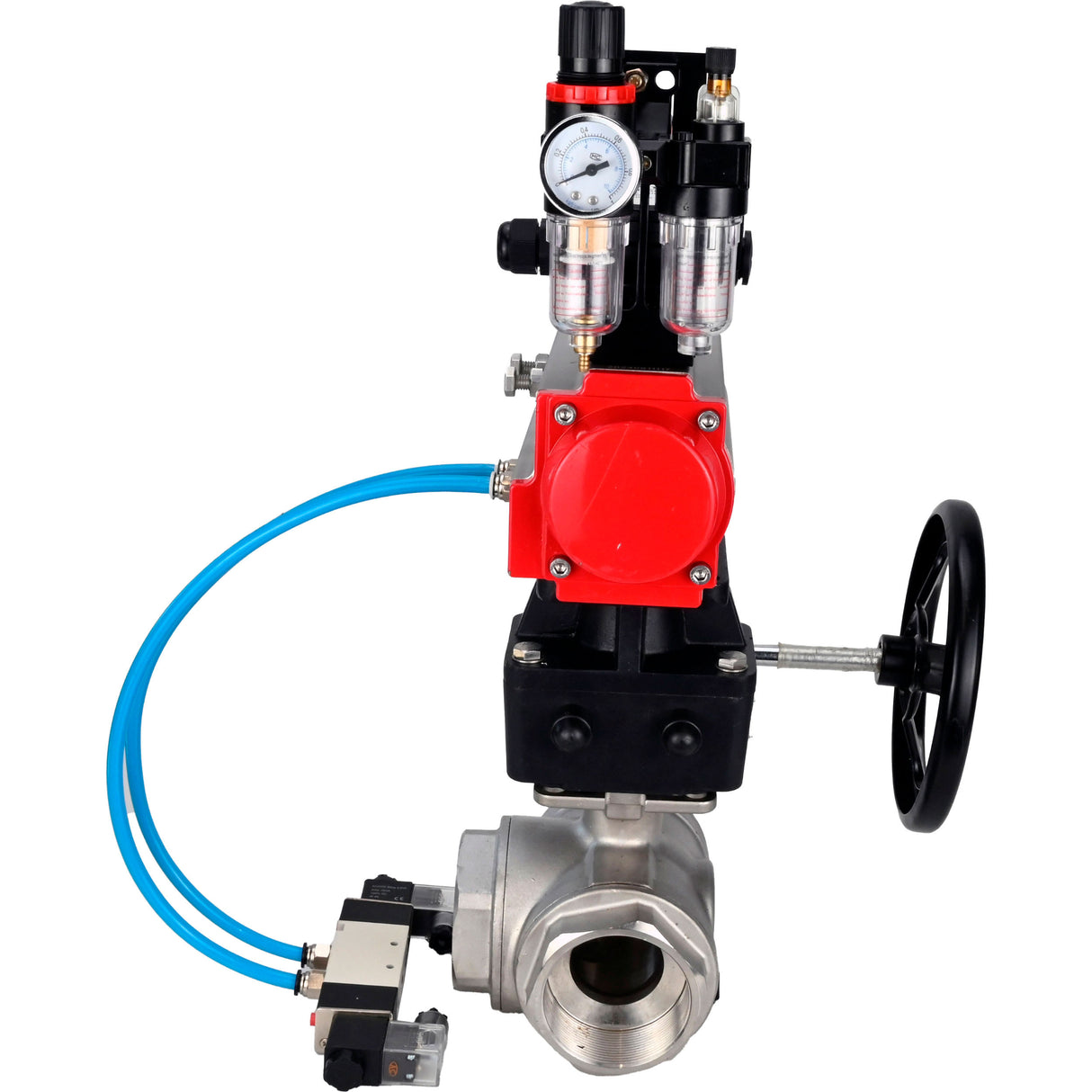 Ball valves Elephant BV3232P(4pc)-SP-3WL-T-ISO-H,  body material - Stainless steel AISI 316, seal - PTFE / PTFE / Teflon, with pneumatic actuator double action PA-DA, 4V320-10 220V, LSU APL-210N, handwheel MON, ATU AFC2000