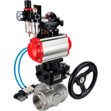 Ball valves Elephant BV3232P(4pc)-SP-3WL-T-ISO-H,  body material - Stainless steel AISI 316, seal - PTFE / PTFE / Teflon, with pneumatic actuator double action PA-DA, 4V320-10 220V, LSU APL-210N, handwheel MON, ATU AFC2000