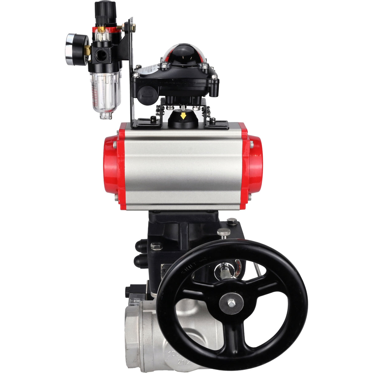 Ball valves Elephant BV3232P(4pc)-SP-3WL-T-ISO-H,  body material - Stainless steel AISI 316, seal - PTFE / PTFE / Teflon, with pneumatic actuator double action PA-DA, 4V320-10 220V, LSU APL-210N, handwheel MON, ATU AFC2000