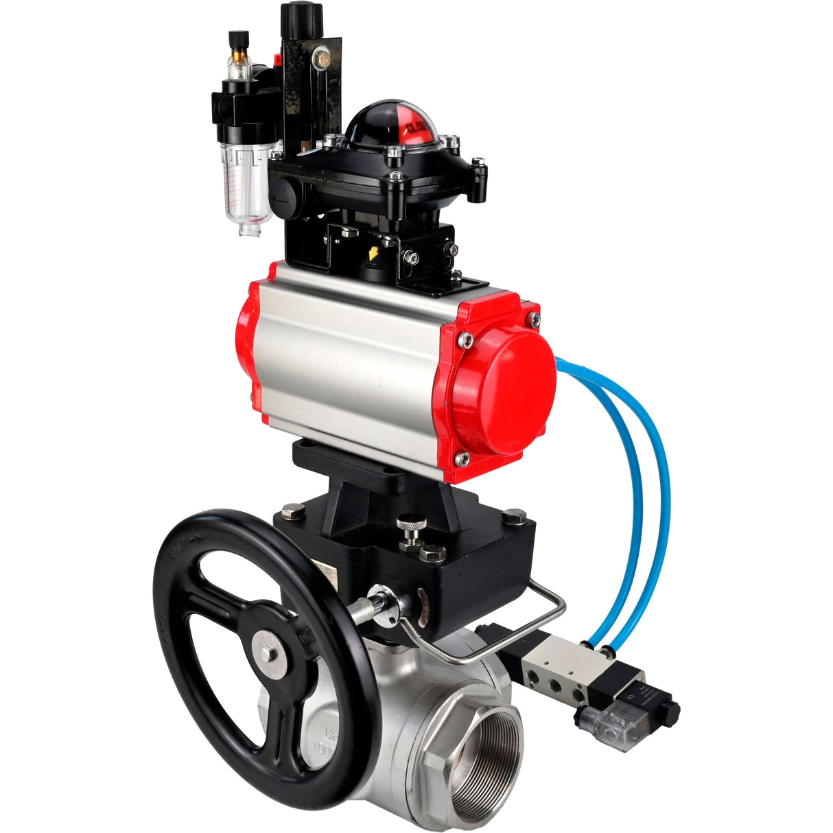 Ball valves Elephant BV3232P(4pc)-SP-3WL-T-ISO-H,  body material - Stainless steel AISI 316, seal - PTFE / PTFE / Teflon, with pneumatic actuator double action PA-DA, 4V320-10 220V, LSU APL-210N, handwheel MON, ATU AFC2000