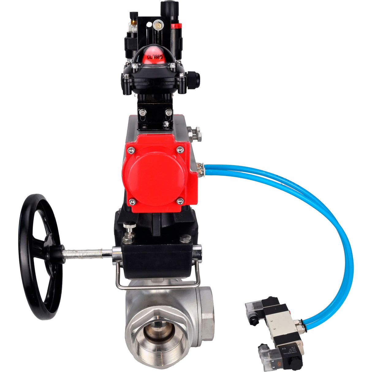 Ball valves Elephant BV3232P(4pc)-SP-3WL-T-ISO-H,  body material - Stainless steel AISI 316, seal - PTFE / PTFE / Teflon, with pneumatic actuator double action PA-DA, 4V320-10 220V, LSU APL-210N, handwheel MON, ATU AFC2000