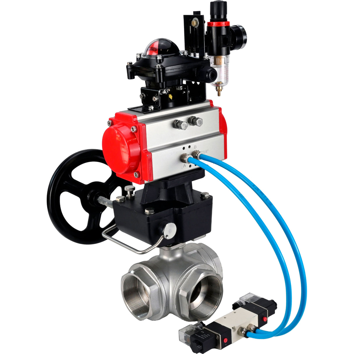 Ball valves Elephant BV3232P(4pc)-SP-3WL-T-ISO-H,  body material - Stainless steel AISI 316, seal - PTFE / PTFE / Teflon, with pneumatic actuator double action PA-DA, 4V320-10 220V, LSU APL-210N, handwheel MON, ATU AFC2000