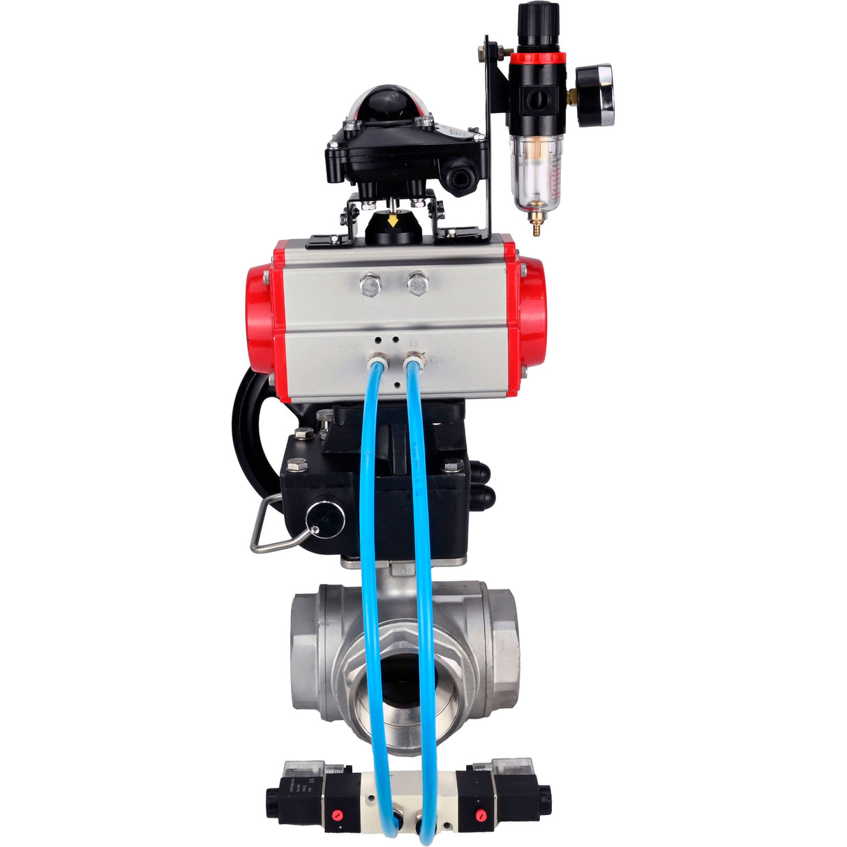 Ball valves Elephant BV3232P(4pc)-SP-3WL-T-ISO-H,  body material - Stainless steel AISI 316, seal - PTFE / PTFE / Teflon, with pneumatic actuator double action PA-DA, 4V320-10 220V, LSU APL-210N, handwheel MON, ATU AFC2000