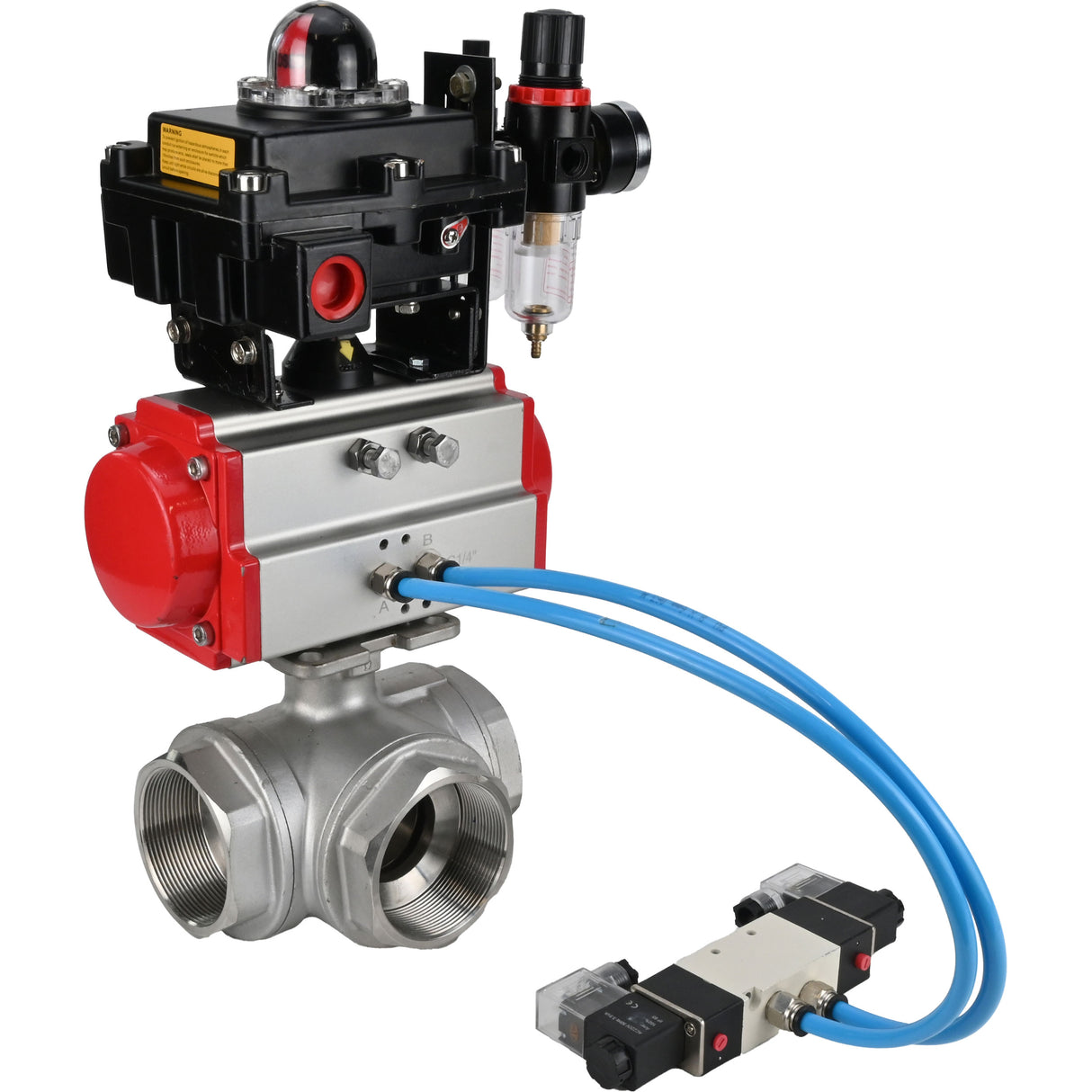 Ball valves Elephant BV3232P(4pc)-SP-3WL-T-ISO-H,  body material - Stainless steel AISI 316, seal - PTFE / PTFE / Teflon, with pneumatic actuator double action PA-DA, 4V320-10 220V, LSU APL-410N Ex, ATU AFC2000
