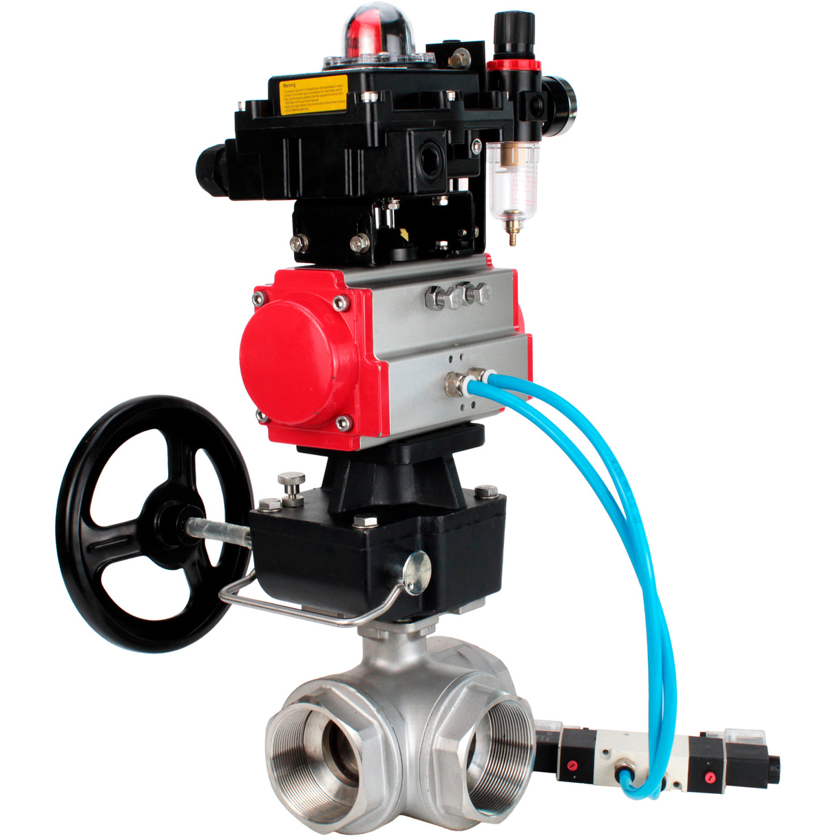 Ball valves Elephant BV3232P(4pc)-SP-3WL-T-ISO-H,  body material - Stainless steel AISI 316, seal - PTFE / PTFE / Teflon, with pneumatic actuator double action PA-DA, 4V320-10 220V, LSU APL-410N Ex, handwheel MON, ATU AFC2000