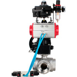 Ball valves Elephant BV3232P(4pc)-SP-3WL-T-ISO-H,  body material - Stainless steel AISI 316, seal - PTFE / PTFE / Teflon, with pneumatic actuator double action PA-DA, 4V320-10 220V, LSU APL-410N Ex, handwheel MON, ATU AFC2000