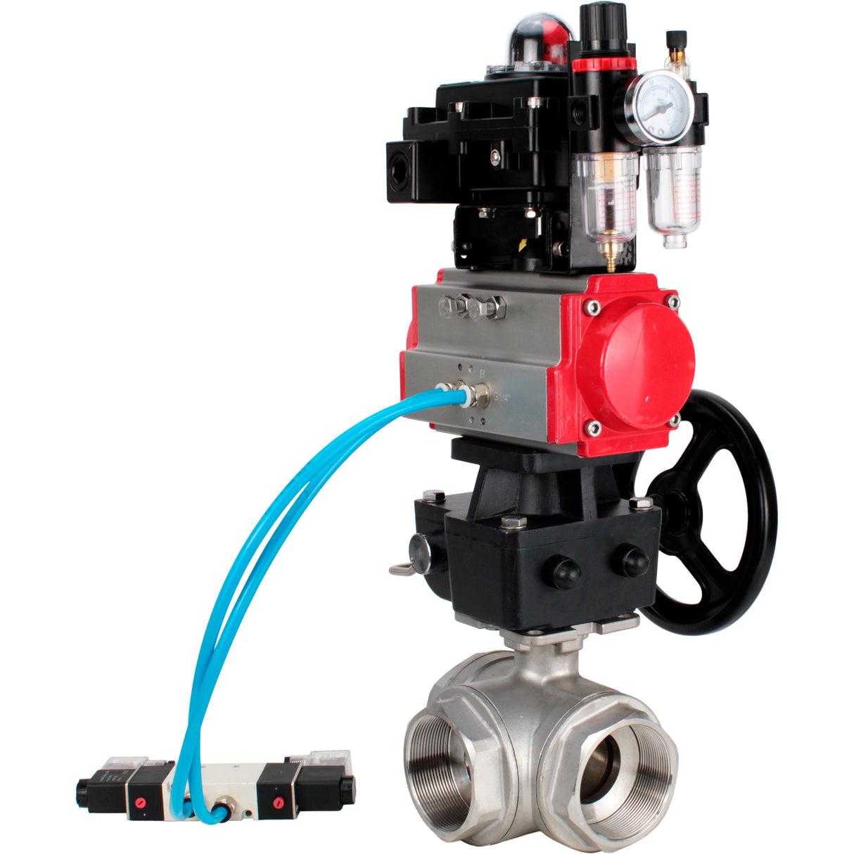 Ball valves Elephant BV3232P(4pc)-SP-3WL-T-ISO-H,  body material - Stainless steel AISI 316, seal - PTFE / PTFE / Teflon, with pneumatic actuator double action PA-DA, 4V320-10 220V, LSU APL-410N Ex, handwheel MON, ATU AFC2000