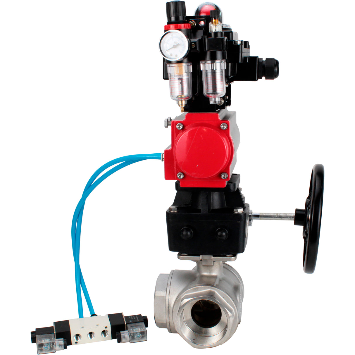 Ball valves Elephant BV3232P(4pc)-SP-3WL-T-ISO-H,  body material - Stainless steel AISI 316, seal - PTFE / PTFE / Teflon, with pneumatic actuator double action PA-DA, 4V320-10 220V, LSU APL-410N Ex, handwheel MON, ATU AFC2000