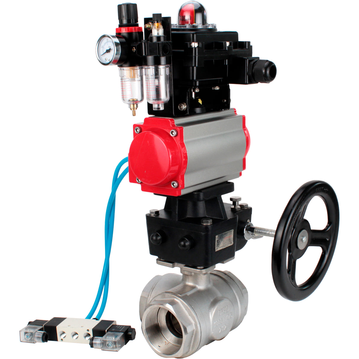 Ball valves Elephant BV3232P(4pc)-SP-3WL-T-ISO-H,  body material - Stainless steel AISI 316, seal - PTFE / PTFE / Teflon, with pneumatic actuator double action PA-DA, 4V320-10 220V, LSU APL-410N Ex, handwheel MON, ATU AFC2000