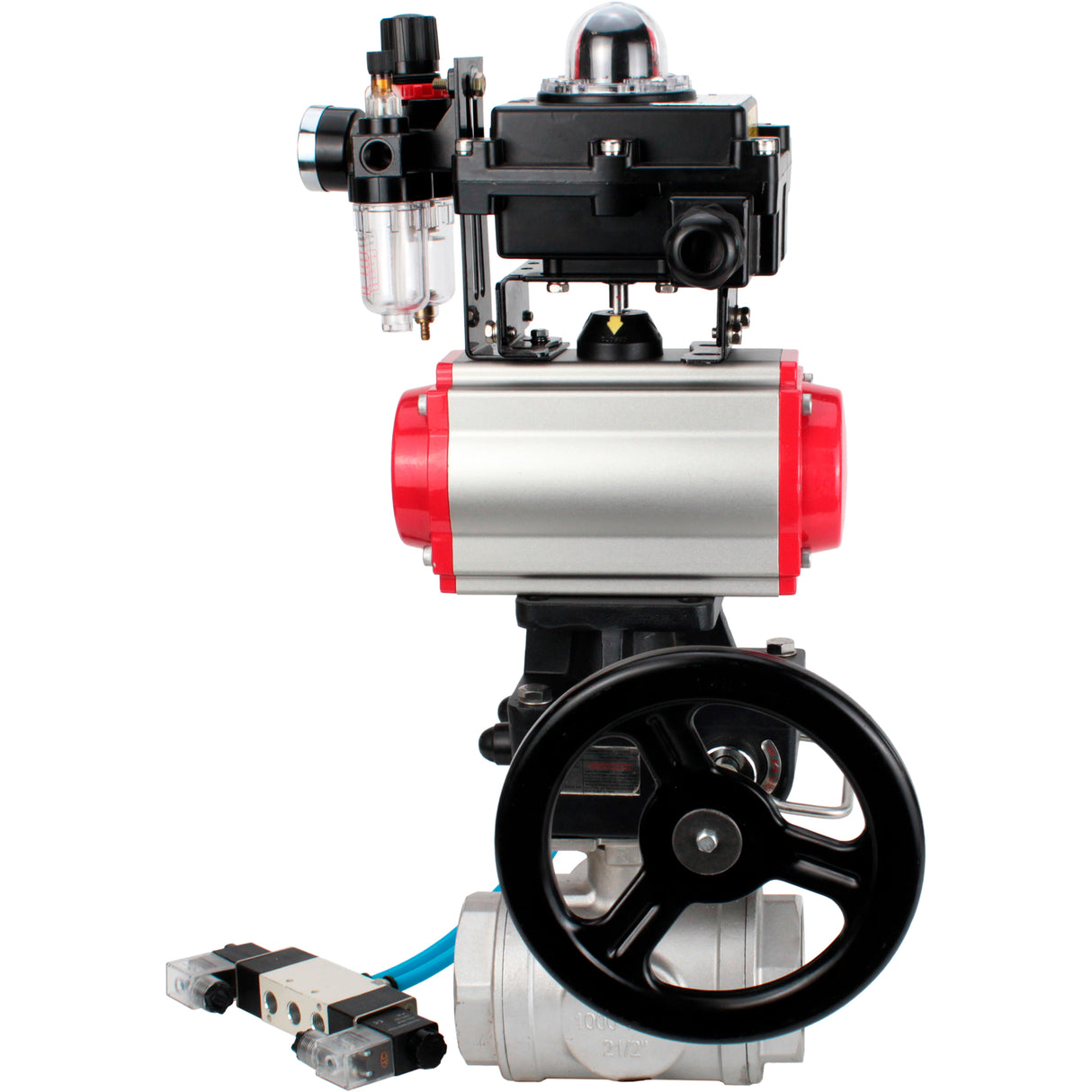 Ball valves Elephant BV3232P(4pc)-SP-3WL-T-ISO-H,  body material - Stainless steel AISI 316, seal - PTFE / PTFE / Teflon, with pneumatic actuator double action PA-DA, 4V320-10 220V, LSU APL-410N Ex, handwheel MON, ATU AFC2000