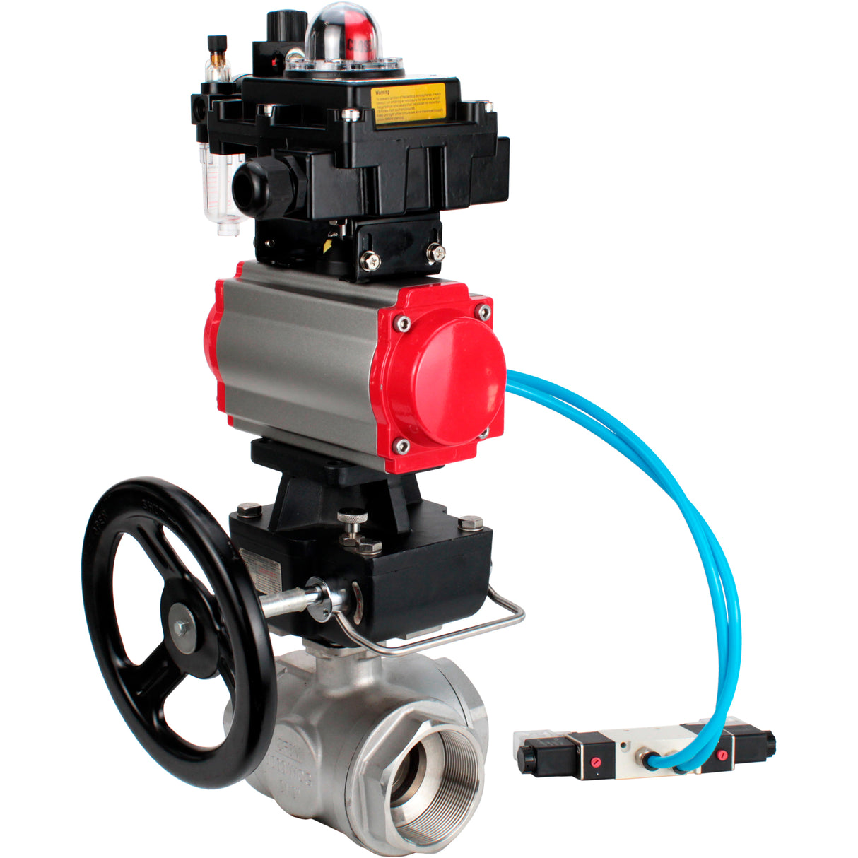 Ball valves Elephant BV3232P(4pc)-SP-3WL-T-ISO-H,  body material - Stainless steel AISI 316, seal - PTFE / PTFE / Teflon, with pneumatic actuator double action PA-DA, 4V320-10 220V, LSU APL-410N Ex, handwheel MON, ATU AFC2000