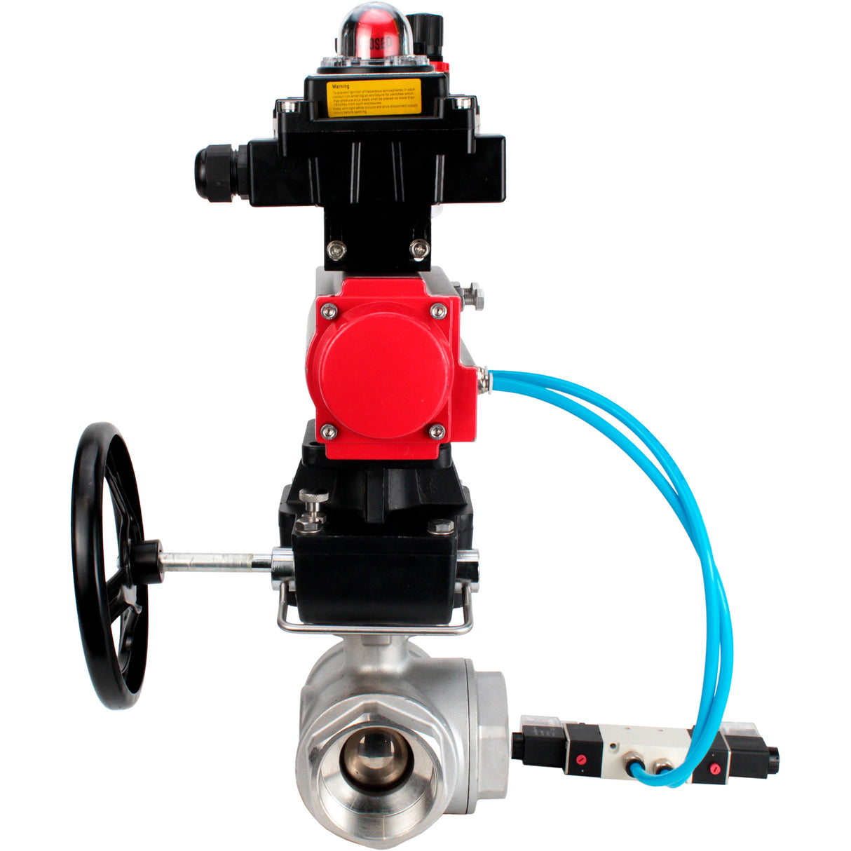 Ball valves Elephant BV3232P(4pc)-SP-3WL-T-ISO-H,  body material - Stainless steel AISI 316, seal - PTFE / PTFE / Teflon, with pneumatic actuator double action PA-DA, 4V320-10 220V, LSU APL-410N Ex, handwheel MON, ATU AFC2000