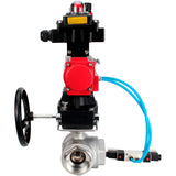Ball valves Elephant BV3232P(4pc)-SP-3WL-T-ISO-H,  body material - Stainless steel AISI 316, seal - PTFE / PTFE / Teflon, with pneumatic actuator double action PA-DA, 4V320-10 220V, LSU APL-410N Ex, handwheel MON, ATU AFC2000