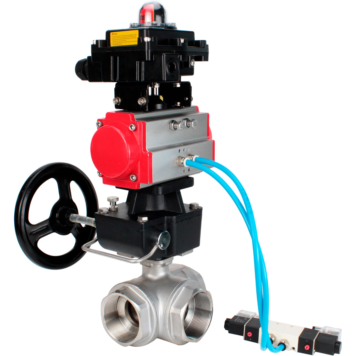 Ball valves Elephant BV3232P(4pc)-SP-3WL-T-ISO-H,  body material - Stainless steel AISI 316, seal - PTFE / PTFE / Teflon, with pneumatic actuator double action PA-DA, 4V320-08 220V, LSU APL-410N Ex, handwheel MON