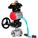 Ball valves Elephant BV3232P(4pc)-SP-3WL-T-ISO-H,  body material - Stainless steel AISI 316, seal - PTFE / PTFE / Teflon, with pneumatic actuator double action PA-DA, 4V320-08 220V, LSU APL-410N Ex, handwheel MON