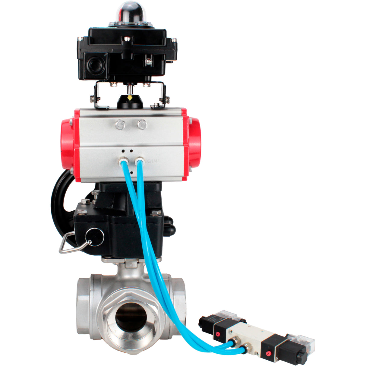 Ball valves Elephant BV3232P(4pc)-SP-3WL-T-ISO-H,  body material - Stainless steel AISI 316, seal - PTFE / PTFE / Teflon, with pneumatic actuator double action PA-DA, 4V320-08 220V, LSU APL-410N Ex, handwheel MON