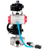 Ball valves Elephant BV3232P(4pc)-SP-3WL-T-ISO-H,  body material - Stainless steel AISI 316, seal - PTFE / PTFE / Teflon, with pneumatic actuator double action PA-DA, 4V320-08 220V, LSU APL-410N Ex, handwheel MON