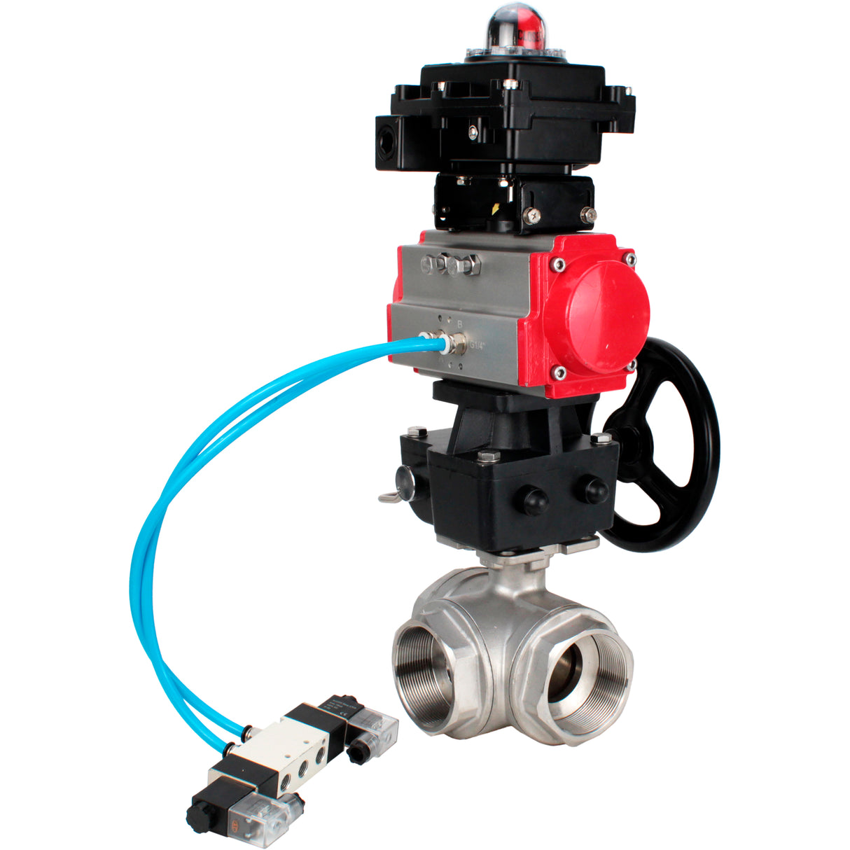 Ball valves Elephant BV3232P(4pc)-SP-3WL-T-ISO-H,  body material - Stainless steel AISI 316, seal - PTFE / PTFE / Teflon, with pneumatic actuator double action PA-DA, 4V320-08 220V, LSU APL-410N Ex, handwheel MON